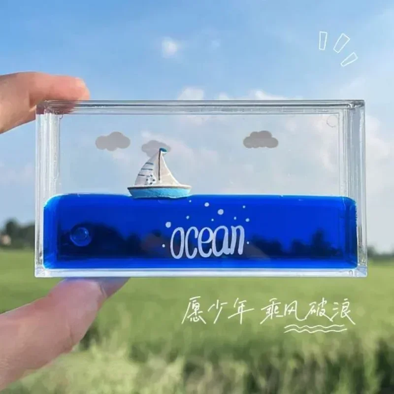 New Ocean Drift Bottle Floating Sailing Hourglass Layering Fluid Unzip Cure Toys Gift Home Desktop Decorations Accessories