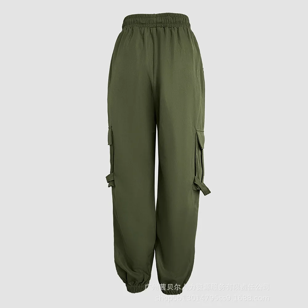 Mulheres simples bolsos laterais calças de carga ativa casual cintura elástica perna reta calças com punho moda verão