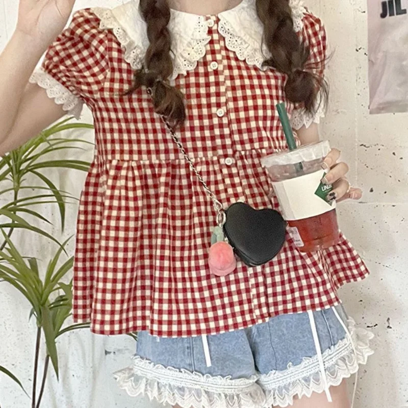 Red Plaid Shirts Women Sweet Peter Pan Collar Students Vintage Japanese Style All-match Casual Fashion Summer Personality Chic