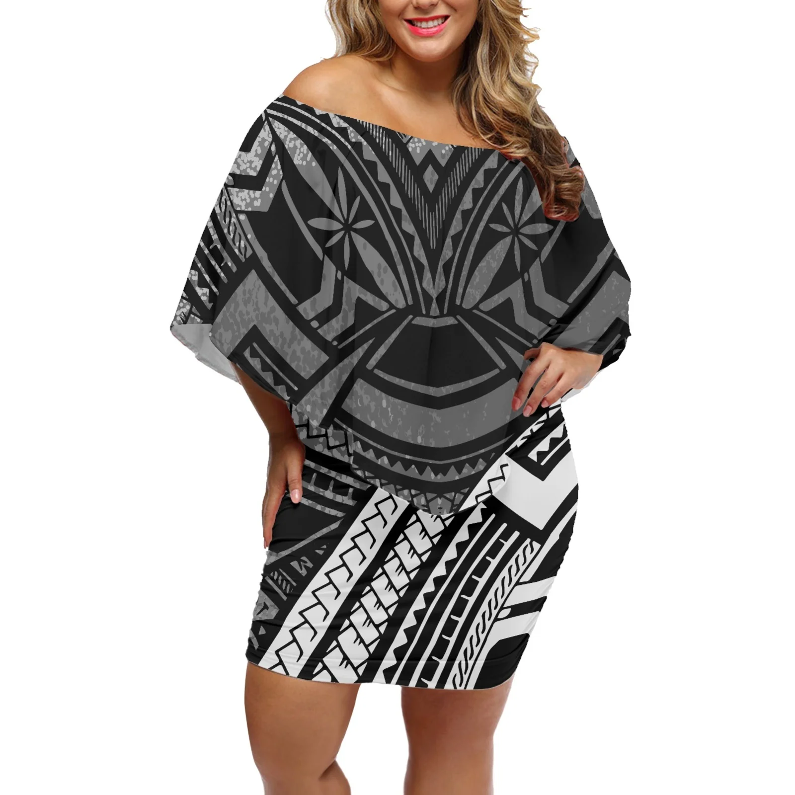 

Hawaii Traditional Tribes Clothing Tattoos Printing Elegant Women Dress Summer Off Shoulder Bat Sleeves Buttocks Dress