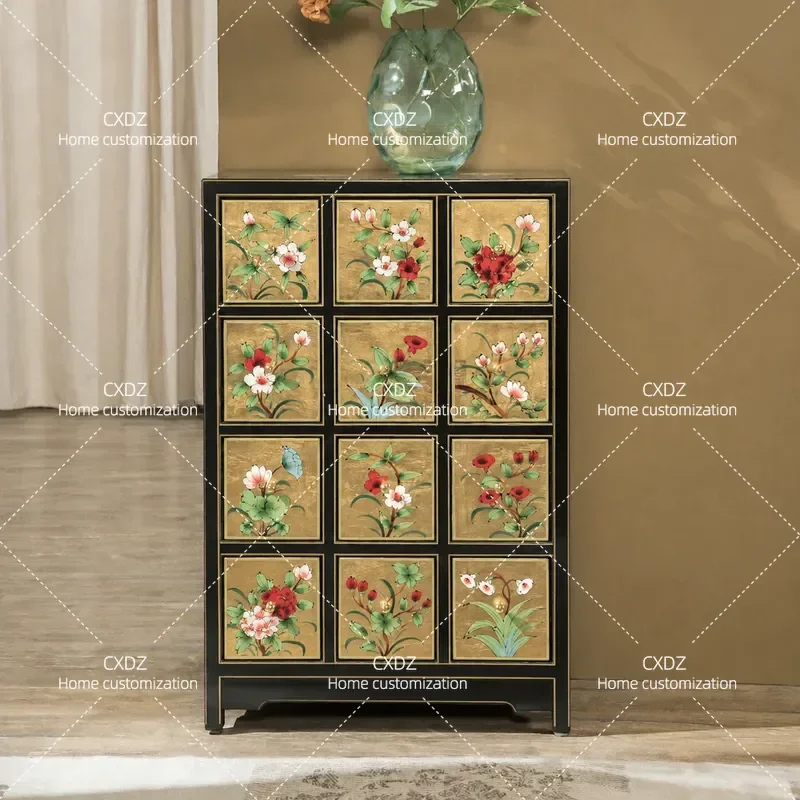 American Style Gold Foil Chest Cabinet Multi Functional Painted Storage Unit for Foyer Living Room Bedroom Solid Wood Side