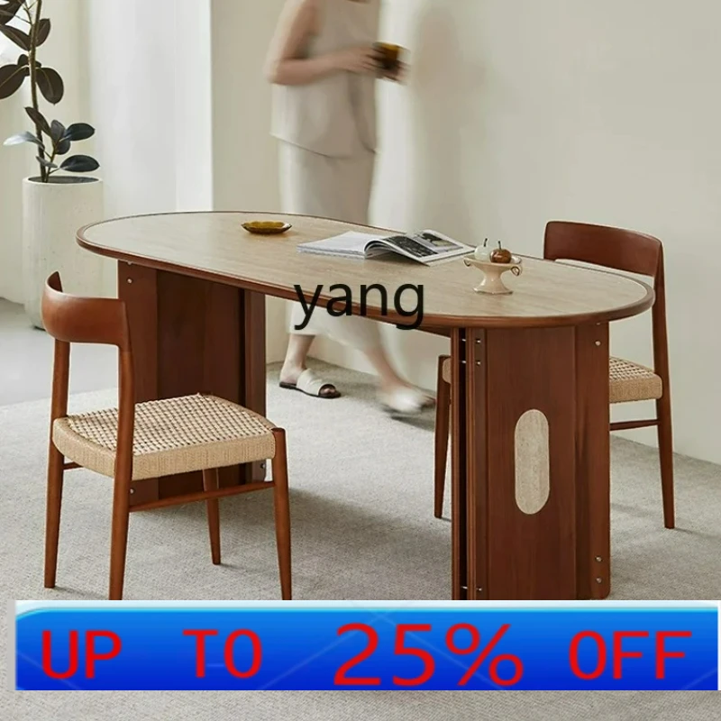 

LTT oval travertine dining table in the ancient style rock slab solid wood cream style