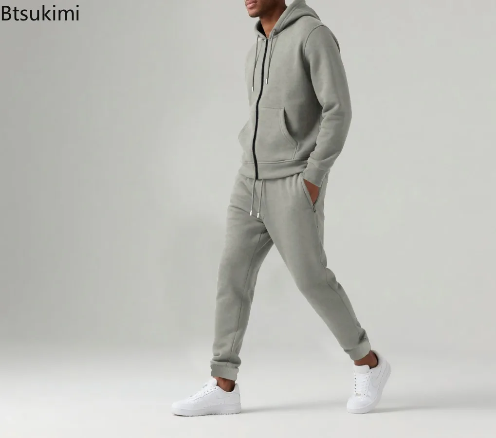 New Autumn Winter Men's Long Sleeve Pants Casual Sports Sets Fleece Warm Tracksuits Hooded Sweatshirts Sweatpants Two Piece Sets