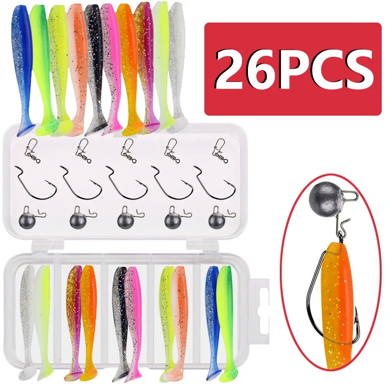 

26PCS 7cm Soft Silicone Set Bait Jigging Wobblers Tackle Bass Pike Artificial Silicone Swimbait Dual Color T-tail Lead Hook