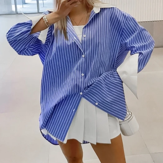 French Versatile Light Luxury Cotton Striped Collar Long Sleeved Shirt with Loose Contrasting Color Casual Cardigan Shirt Women