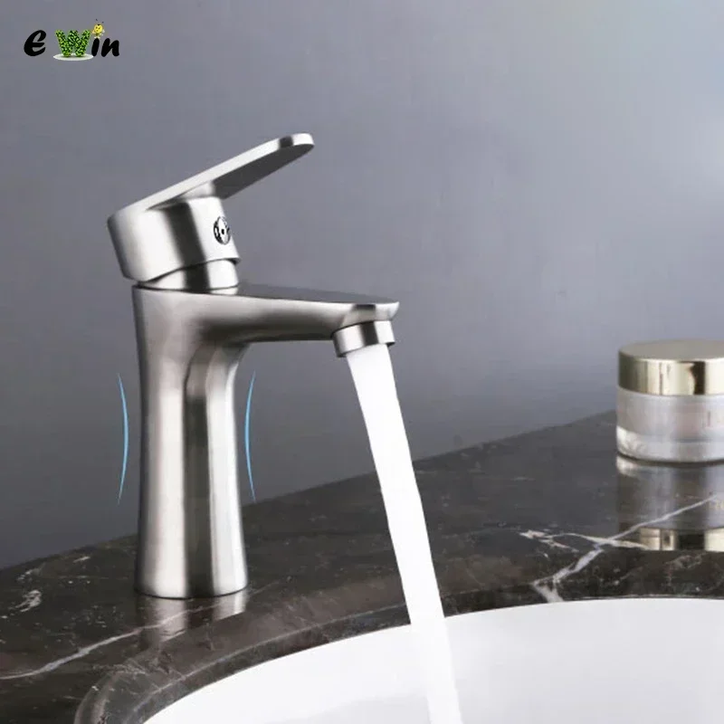 Ewin 304 Stainless Steel Bathroom Basin Faucets Deck Mounted Hot Cold Tap Single Hole Drawing Lavatory Sink Faucet