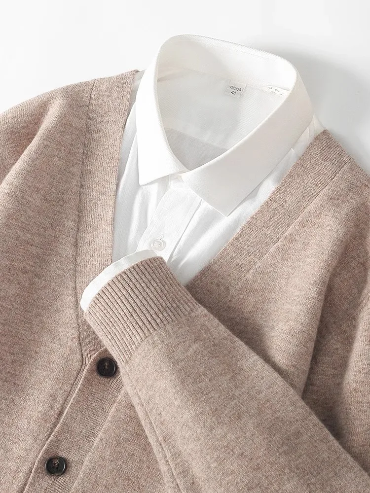 

Осенне-зимний новый стиль: Мужской кардиган из 100% чистого кашемира с V-образным вырезом на пуговицах, свободный повседневный шерстяной вязаный свитер