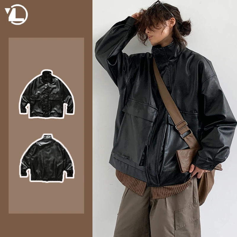 

Japanese Spring PU Leather Jacket Mens High Street Black Profile Tooling Pilot Jacket Loose Standing Collar Motorcycle Outwear