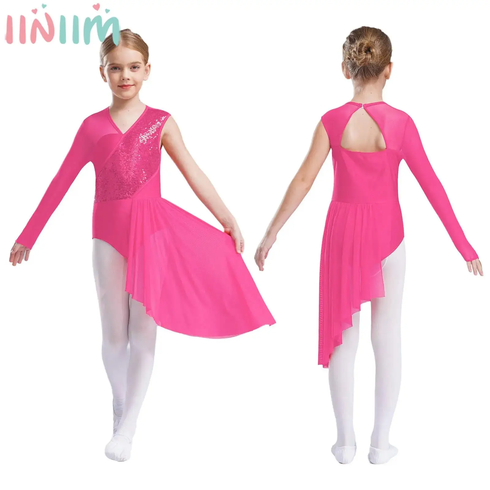 

Children Girls Sheer Mesh Shiny Modern Lyrical Dance Dress Figure Skating Gymnastics Acrobatics Ballet Skirted Leotard Dancewear