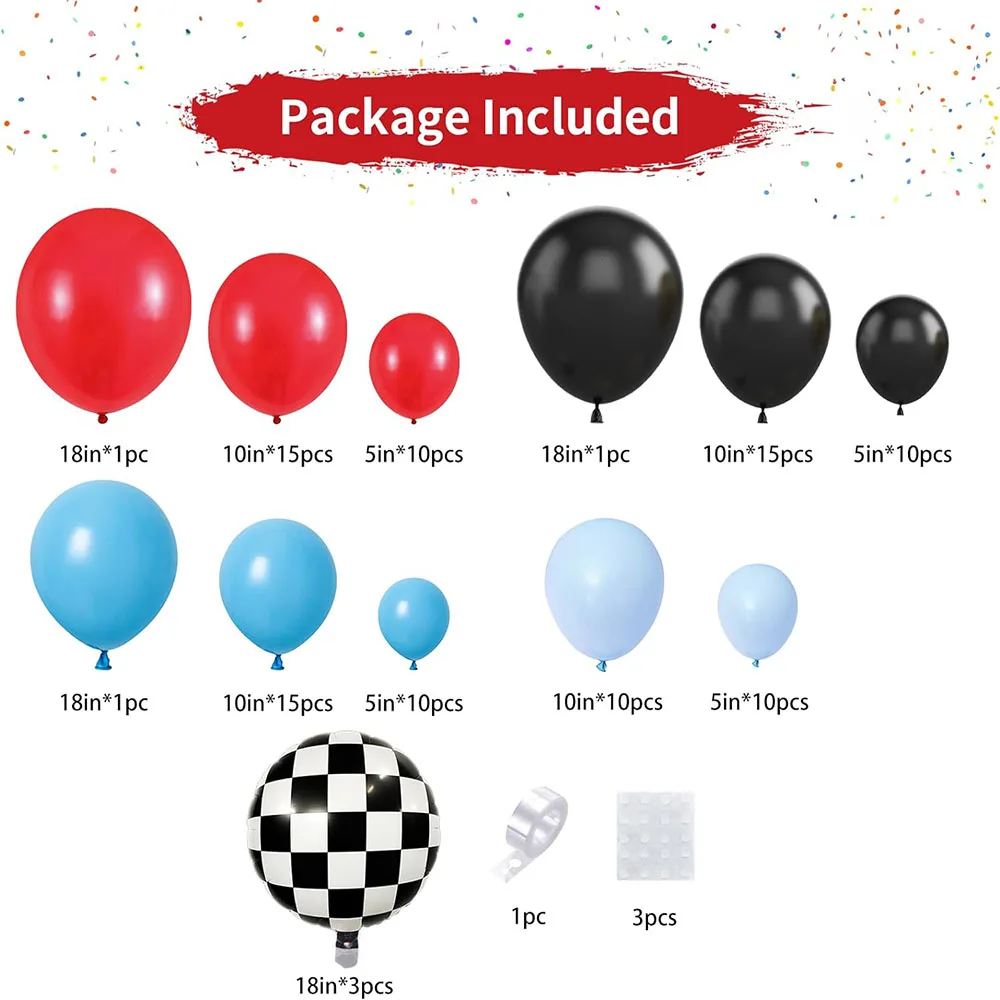 Racing Balloon Arched Garland Set Red Blue Black Checkered Flag Aluminum Foil Balloon Racing Theme Two Times Fast 2Th Birthday Racing Theme Party