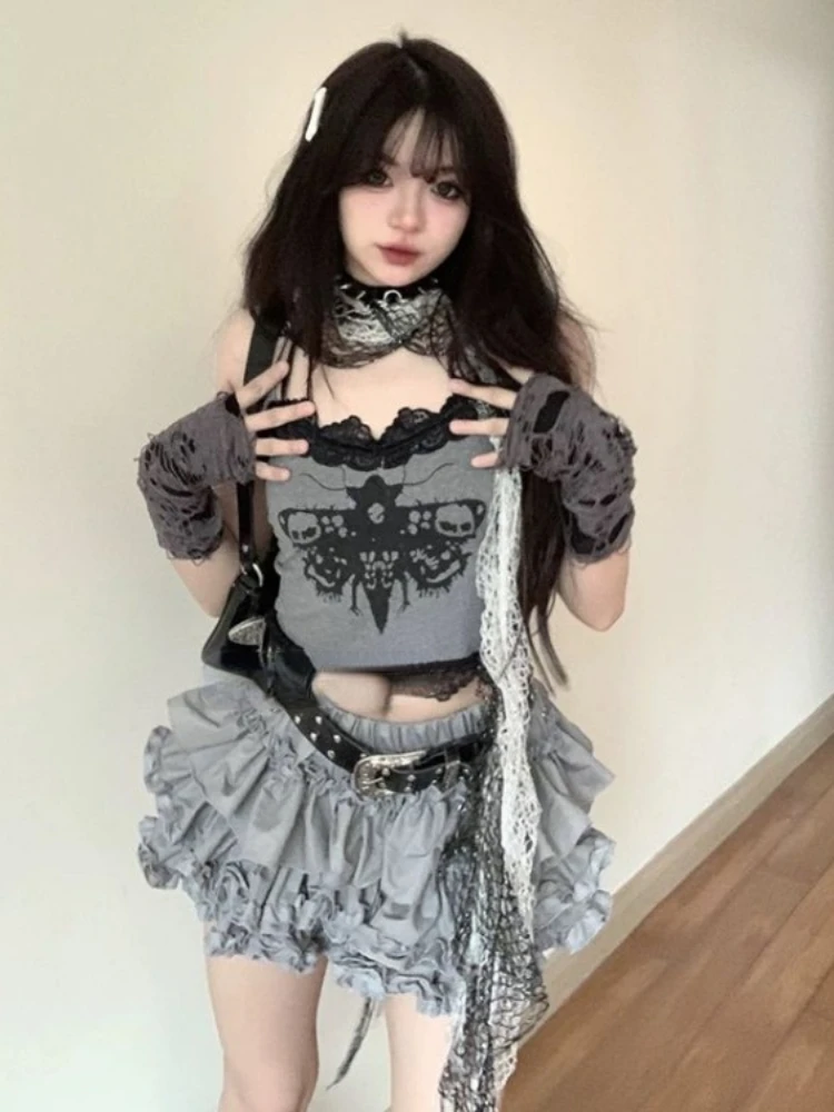 Summer Gothic Punk Style 2 Piece Set Women Lace Print Streetwear Slim Tops + Y2k Kpop A-line Cake Skirts 2024 Korean Fashion