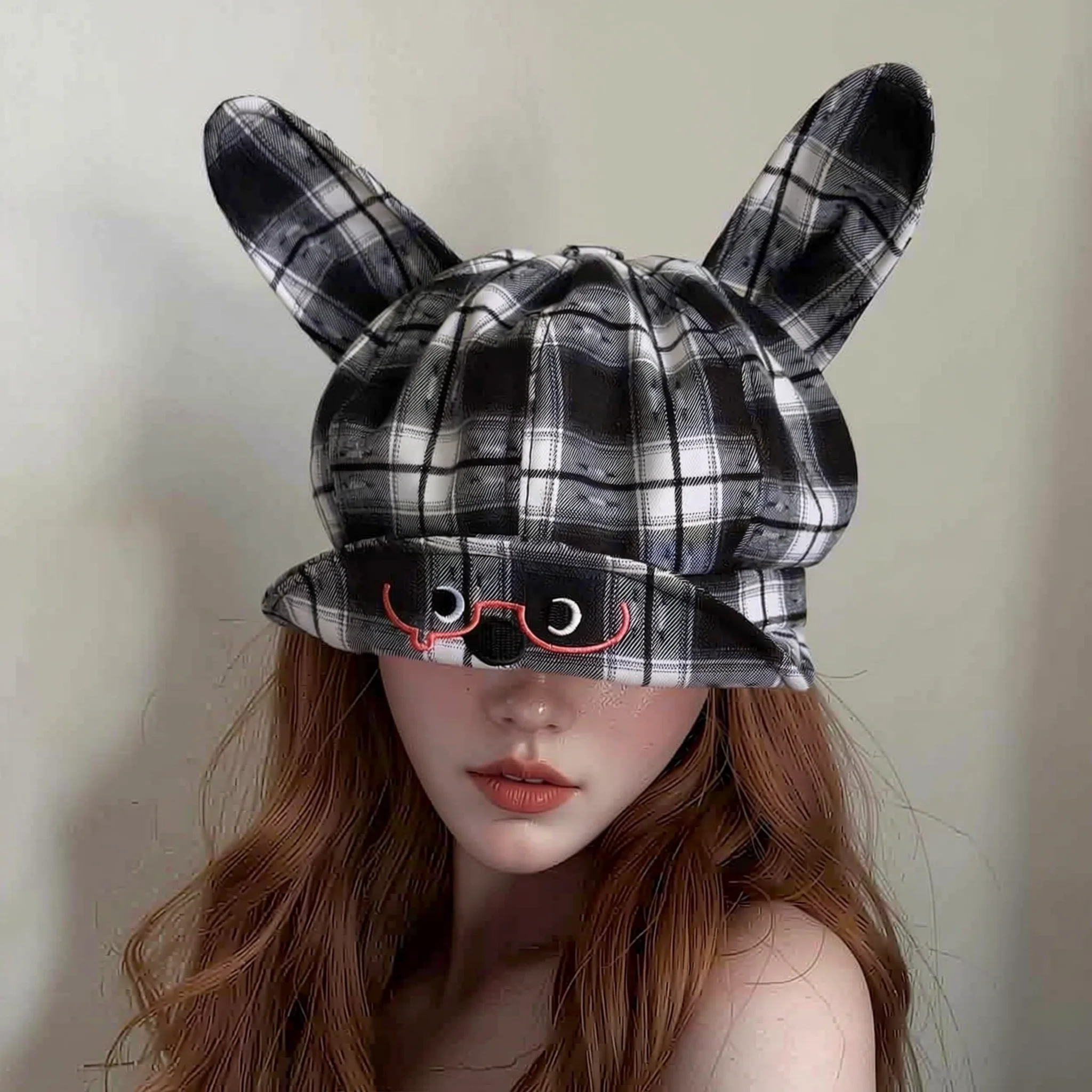 Plaid Puppy Ear Beret, Cute Expression Design Newsboy Cap, Soft Versatile Women Hat for Daily Street Casual Wear