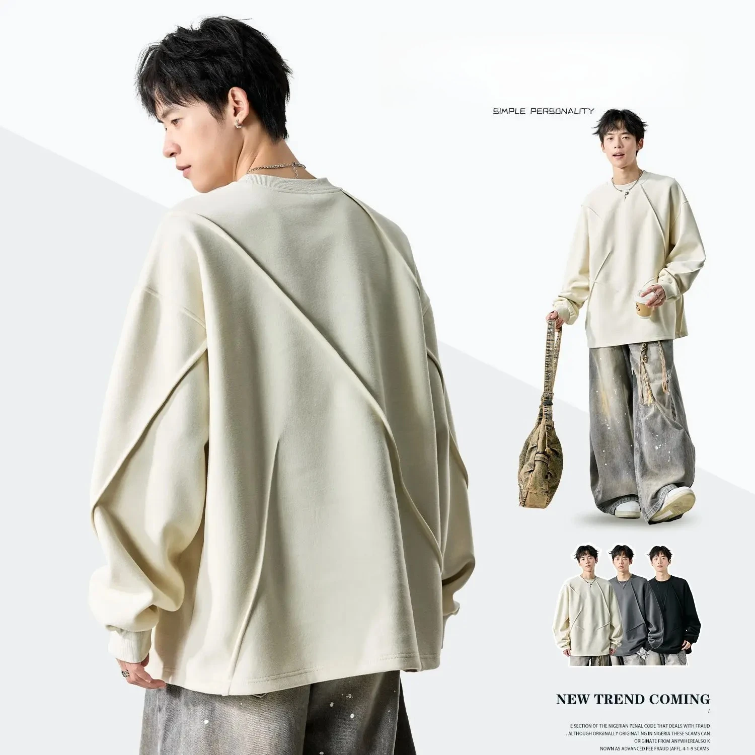 

Men's autumn and winter thickened American-style pleated round-neck bottoming shirt Japanese solid color velvet long-sleeved top