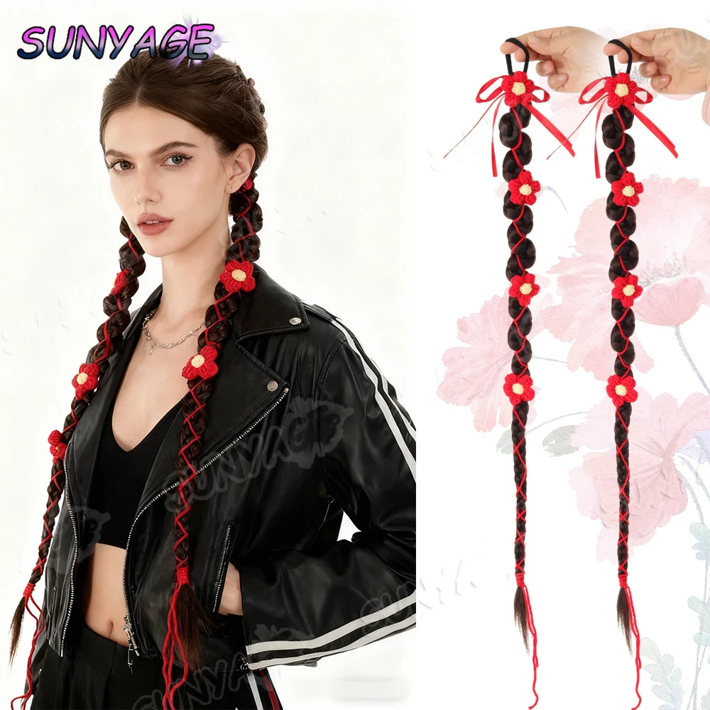 

Synthetic wig accessories Xiuhe bridal red wool flower hair new Chinese twist braid ribbon Fried Dough Twists double ponytail
