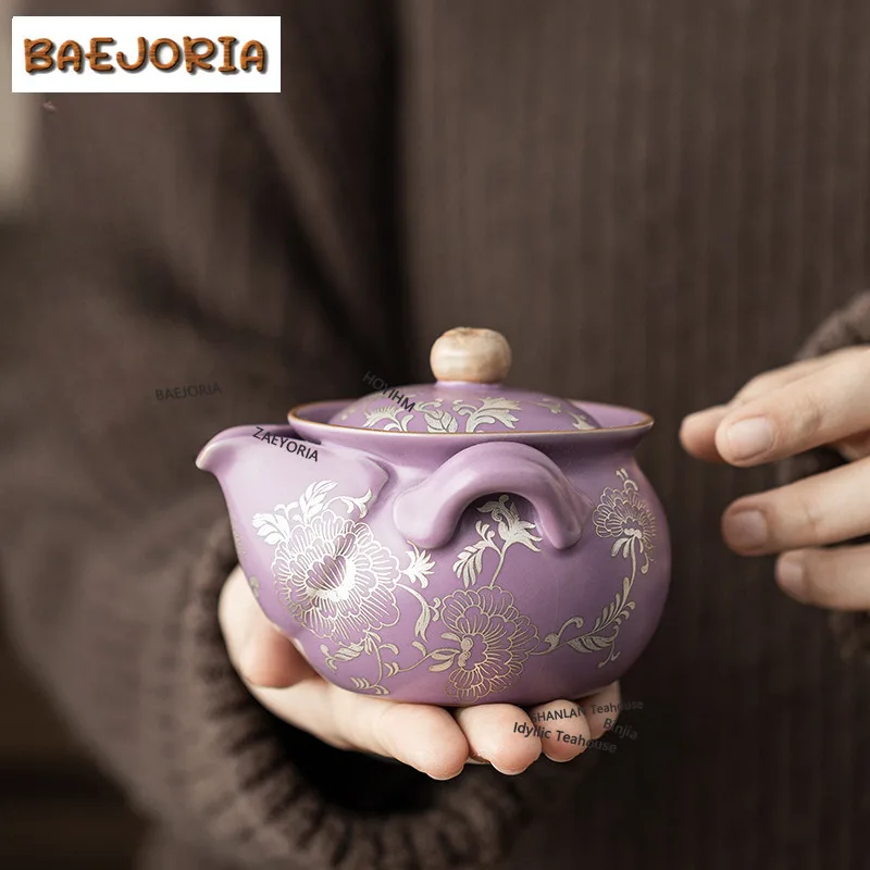 BAEJORIA 165ml Purple Ru Porcelain Gilded Silver Peony Teapot Elegant Tea Infuser Pot Tea Maker Kettle With Filter Cha Drinkware