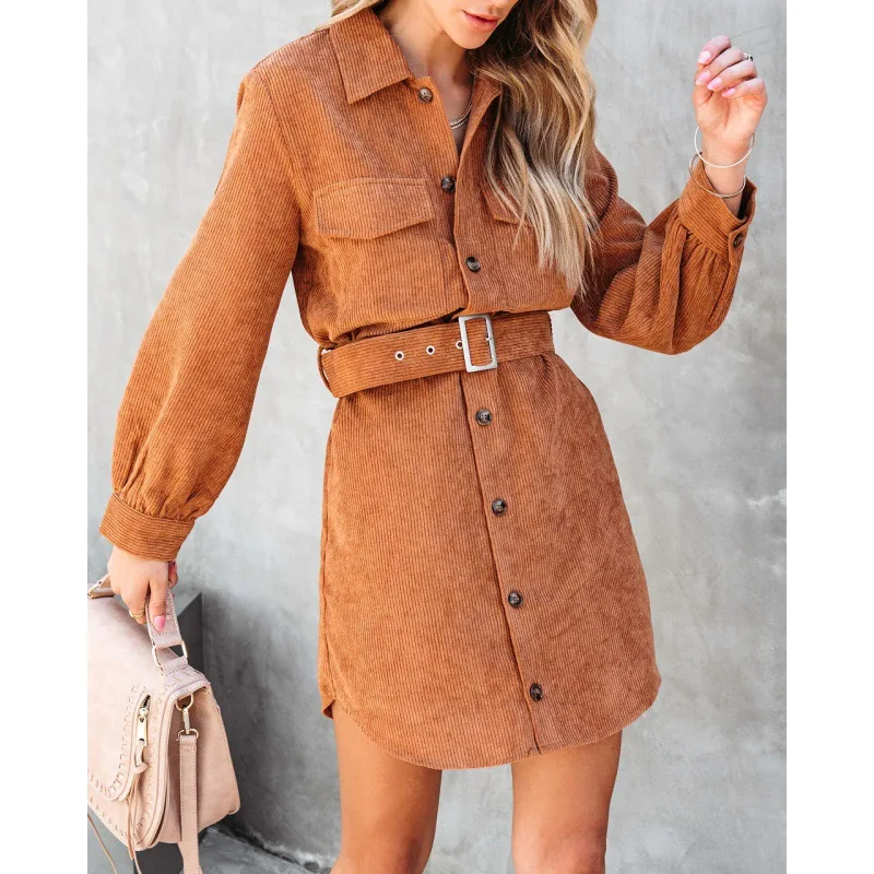 

European and American new 2025 autumn/winter solid color corduroy casual lace up dress shirt