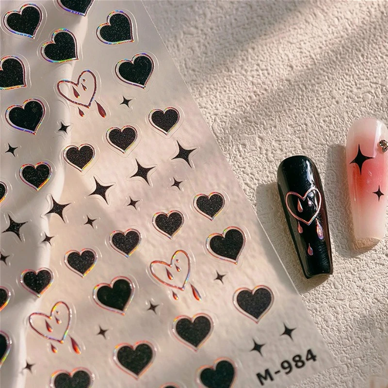 สีดํา Punk Star Heart เลเซอร์จังหวะ Dark ลมเซ็กซี่หยดน้ํากาวที่ละเอียดอ่อนตกแต่งเล็บสติ๊กเกอร์เล็บ Decals