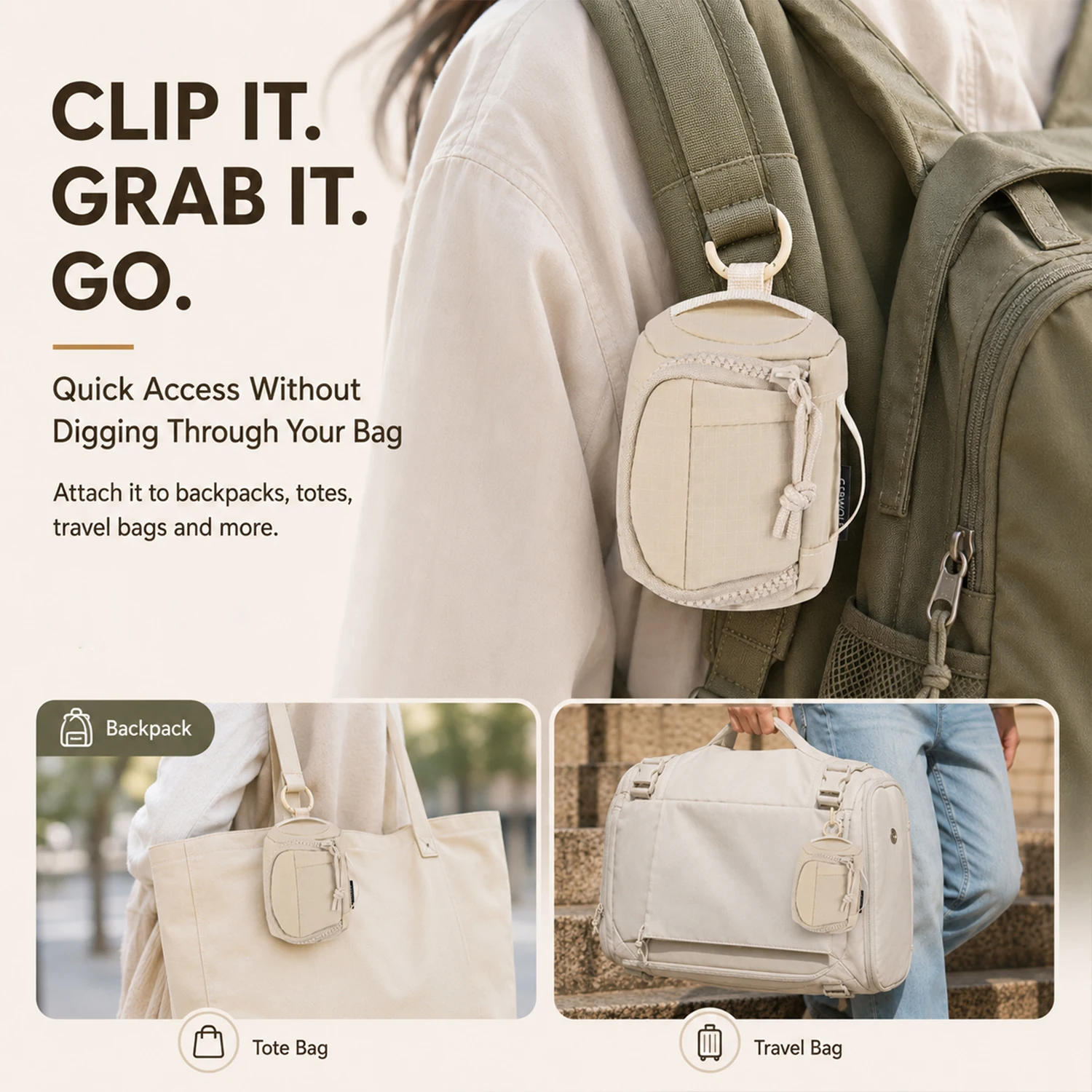 Mini-Schlüsselanhänger-Tasche, tragbare kleine Münzbörse, Etui für Ohrhörer, Kartenhalter mit Clip, Reise-Organizer-Tasche für Rucksack und Handtasche – Detail 2