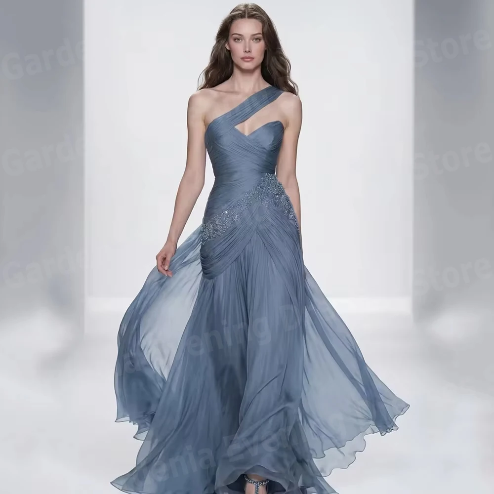 

Gorgeous A Line Women's Evening Dresses One Shoulder Sleeveless Prom Gowns Vestidos Para Mujer Customized Party Robe De Soirée