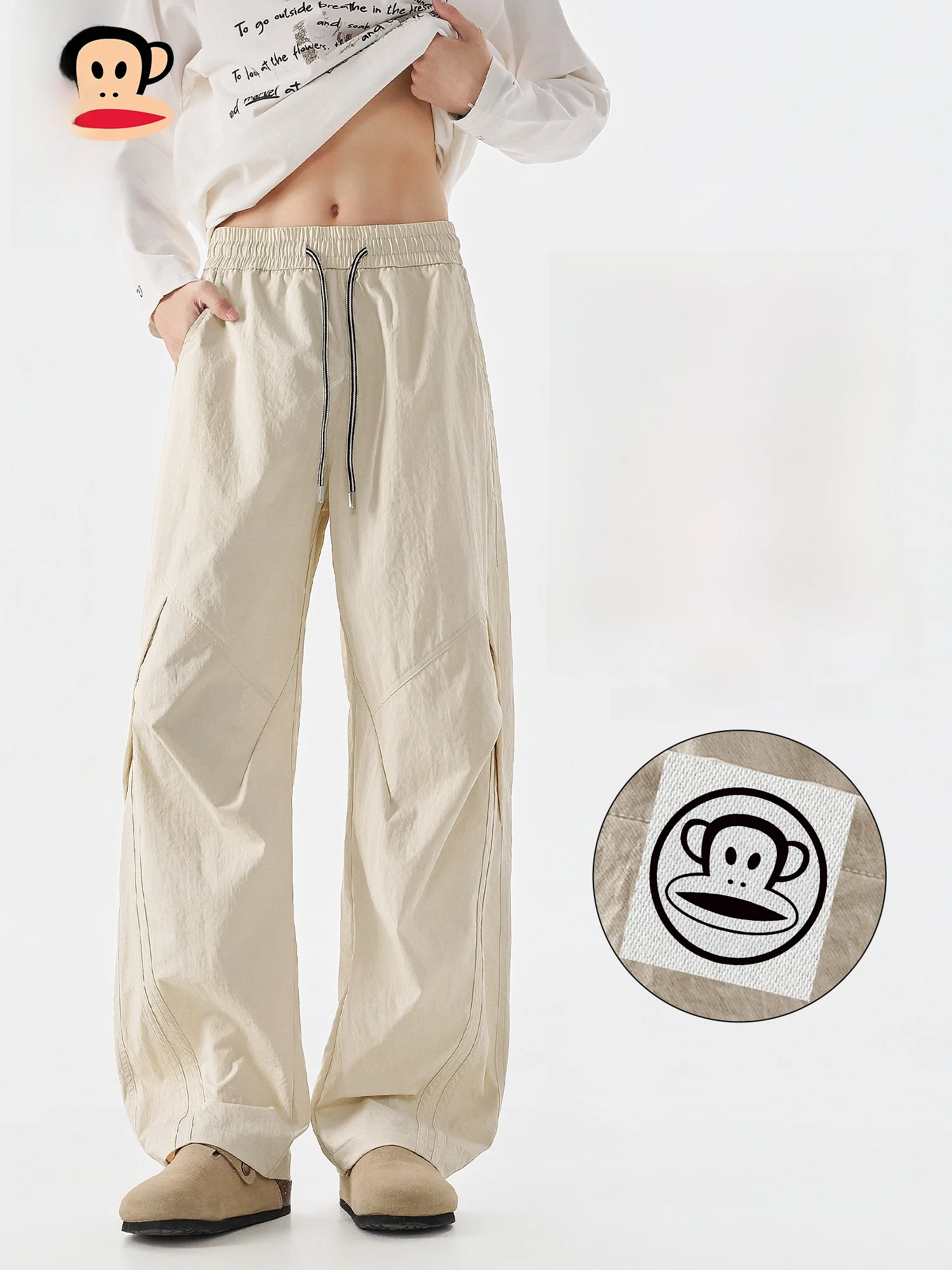 

PaulFrank Loose Wide Leg Trousers Men's Summer Sport Straight Casual Pants Thin Model Elastic Waist Polyester Fiber Youthful