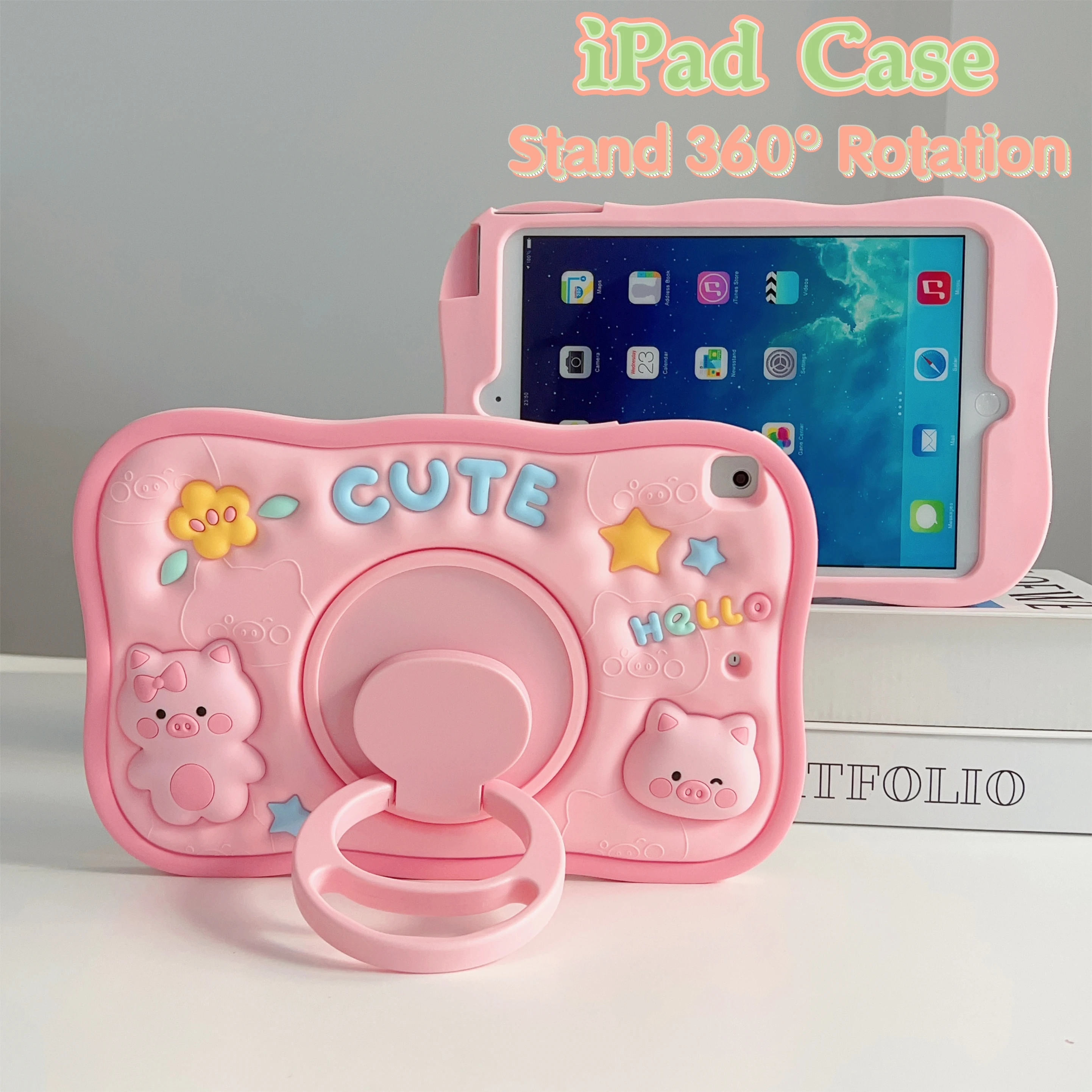 Kids Case For iPad 9th Generation 10.2 Swivel Stand Silicone Cute Cover For iPad 10th 8th 7th Air 5 4 10.9 Pro 11 Mini 6 5th 9.7