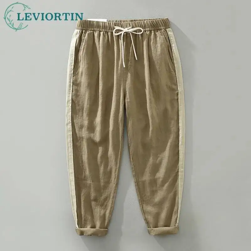 

2025 Summer men's fashion trend thin, loose, versatile straight leg linen pants Japanese trend breathable casual cropped pants