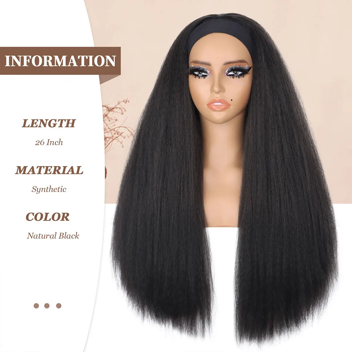 Long Kinky Straight Headband Synthetic Hair Wigs For African American Women  Afro Yaki Straight Headband Wigs for Black Women