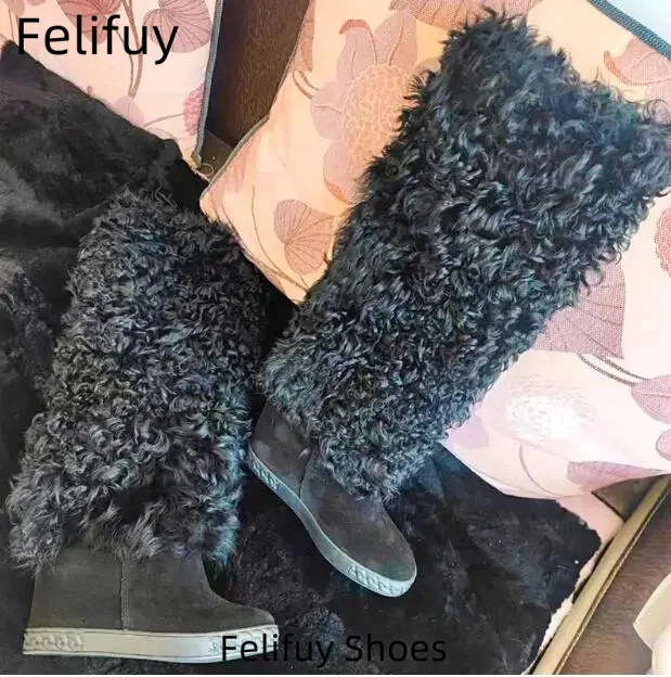 2025 Winter Snow Boots Women White Black Curve Wool Fur Boots Woman Luxury Height Increasing Winter Shoes Warm Wedge Heel Boots