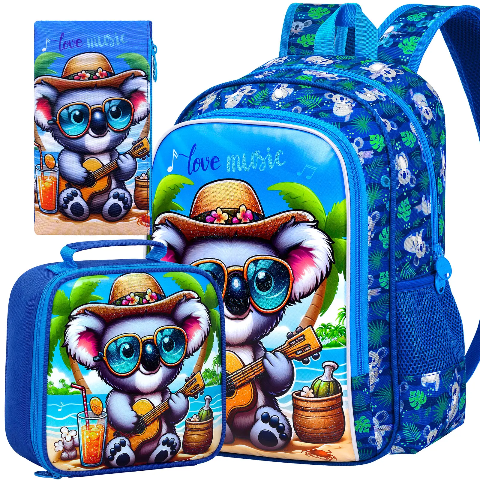 

3PCS Backpacks for Boys Cute Reflective koala Bookbag for Elementary, Kids Water Resistant Backpack Set with Lunch Box