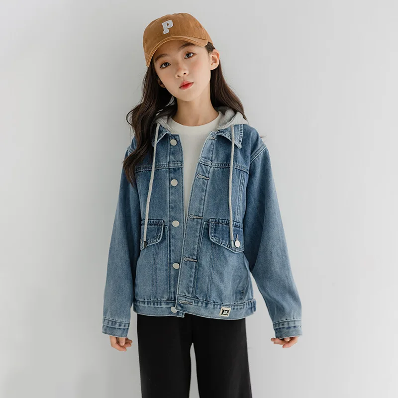 

Girls Denim Coat 2022 Autumn Winter Thicken Hooded Jacket for Children Long Sleeve Fashion All-match Teen Kids Outerwear 12 13Y