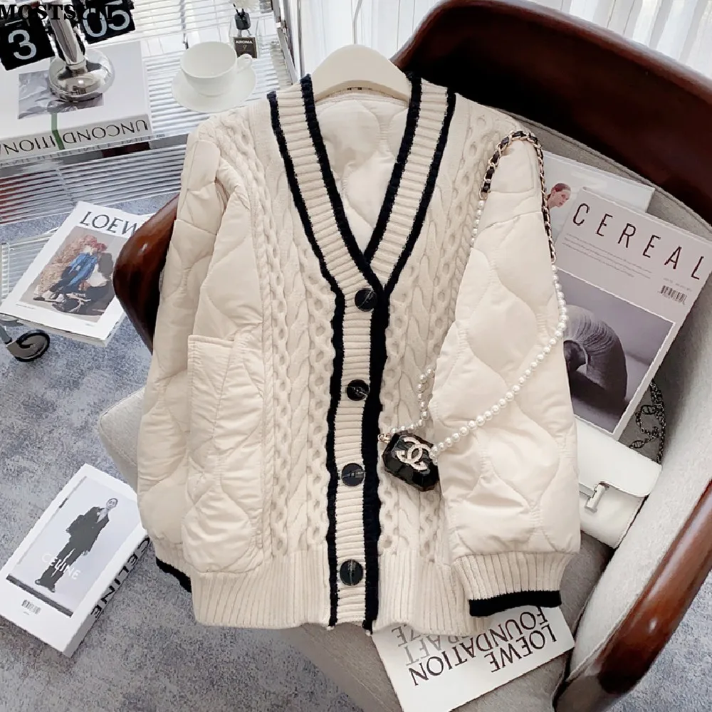 

2024 Winter Quilted Thicken Sweater Jacket Women Knitted Patchwork V-neck Outerwear Coat Long Sleeve Stylish Loose Chic Caridgan