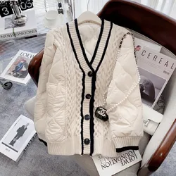 2024 Winter Quilted Thicken Sweater Jacket Women Knitted Patchwork V-neck Outerwear Coat Long Sleeve Stylish Loose Chic Caridgan