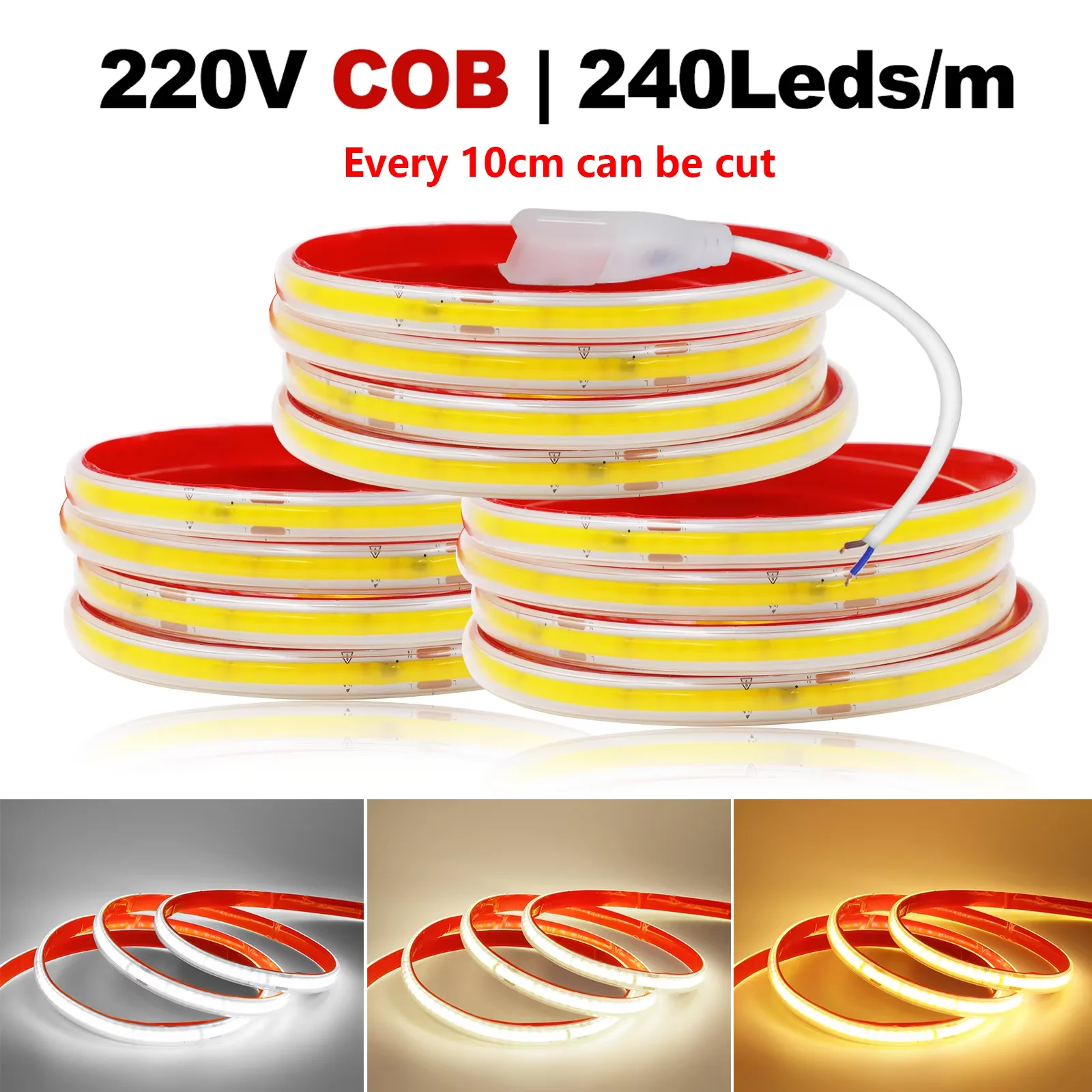 220V COB LED Strip 240LEDs/m IP65 Waterproof 10cm Cuttable Built-in IC Rectifier Flexible Adhesive Light for Bedroom Kitchen
