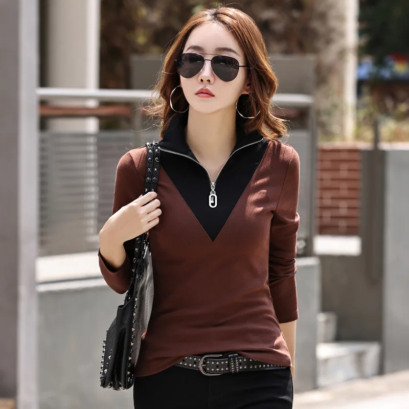 Fake Two-Piece Zippered Stand Up Collar Bottom Shirt Women\'s Spring Autumn New Slim T-Shirt Lapel Casual  Long Sleeved Top