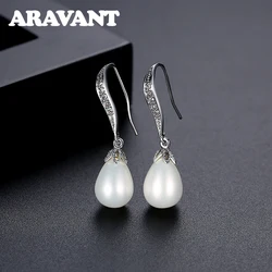 Aravant 여성용 진주 드롭 귀걸이, 웨딩 쥬얼리, 925 실버, 10mm