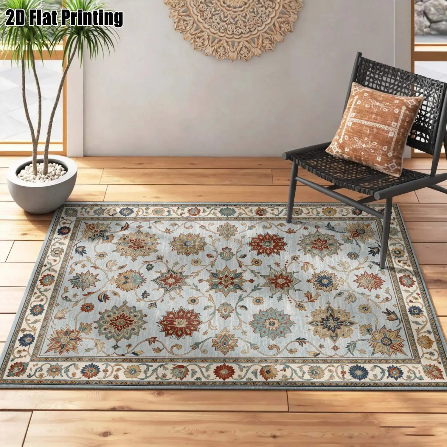 1Pc 2D Printed Carpet: Light Blue Base, Floral Patterns, Multi-Style, Home Decor, Multiple Sizes, Machine Washable, for Entrance, Dining, Foyer, Bedroom, Living Room