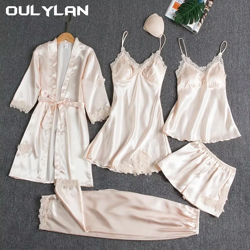 Elegant Silk Satin pajama Lace Ladies Pajama Loose lace-up Waist Shorts Set Nightgown Silk Home Pajama 5 piece set 2024