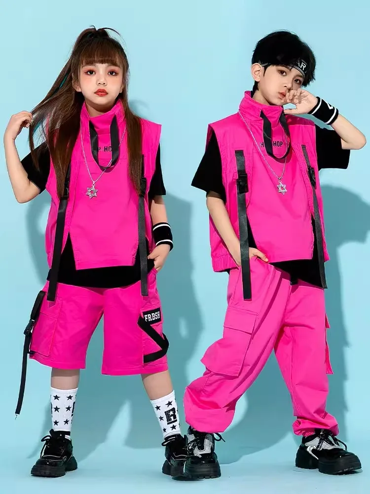 Kinder Hip Hop Kostüm Jungen Mädchen Jazz Tanz Mode Kleidung rosa Weste Hosen Street Dance Drum Stage Performance tragen bl10929