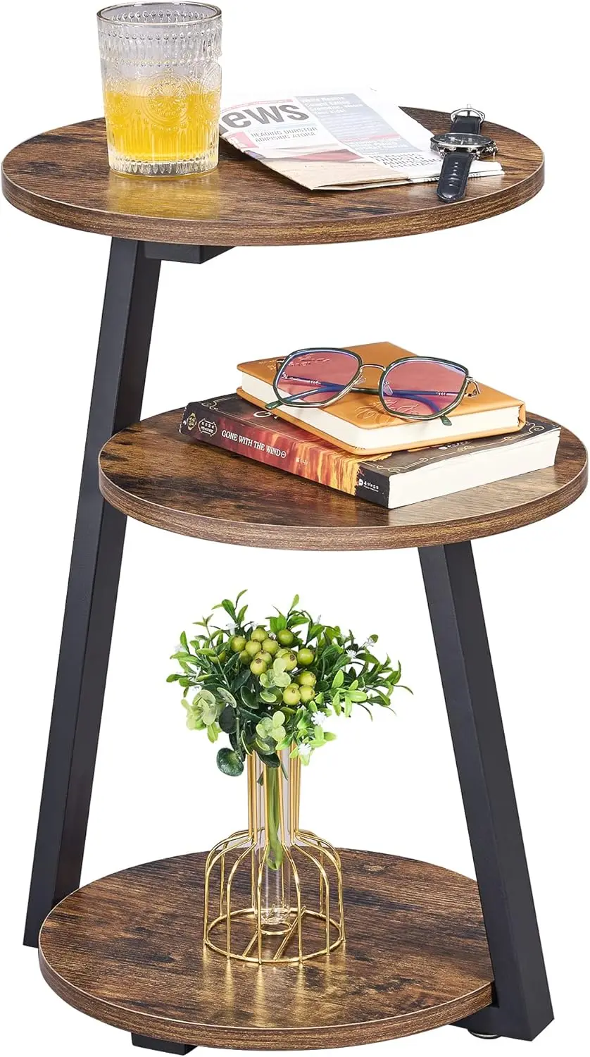 

Round End Table Side with Metal Frame, Accent Nightstand Bedside 3-Tier Shelves, Small Couch C