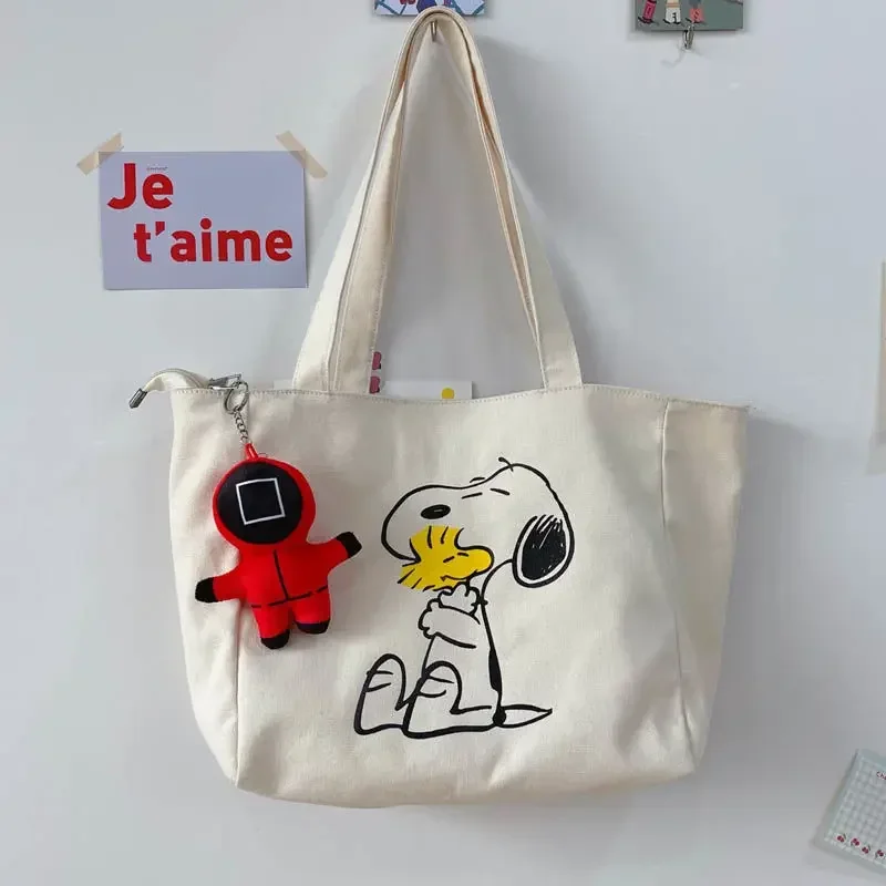 Snoopy Girls shoulder bag canvas student zipper tote bag cartoon cute storage bag shopping