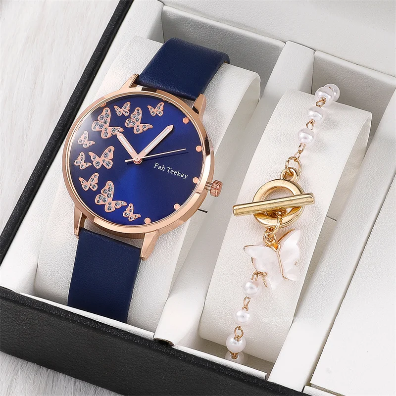 2pcs/Set Womens Butterfly Watches Jewelry Ladies Fashion Watch New Simple Casual Women Analog Wrist Watch Bracelet Gift