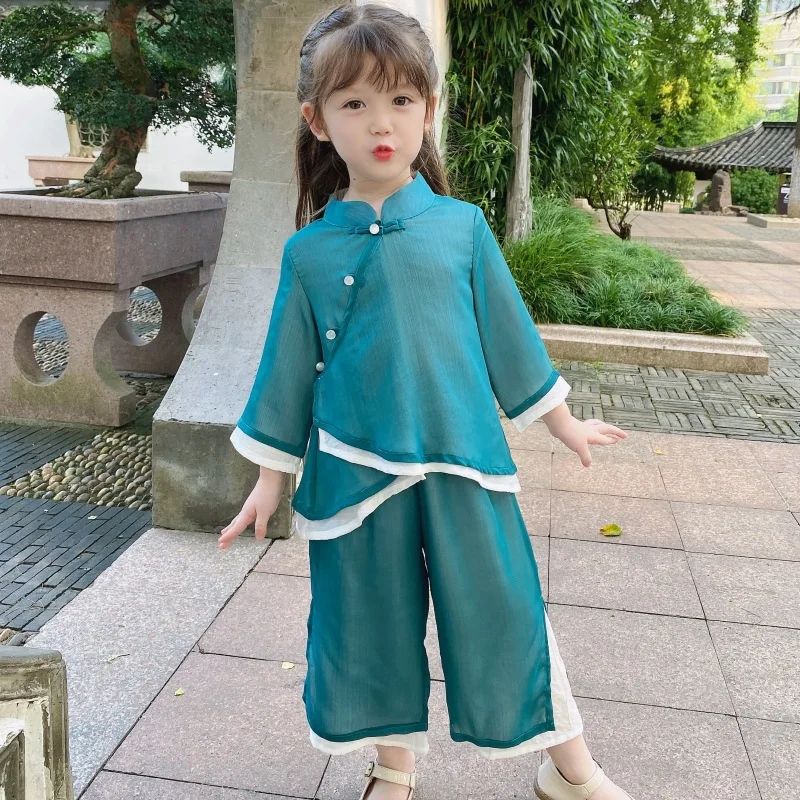 Meisjes 2022 Nieuwe Herfst Dunne Lente Hanfu Pak Leuke Meisjes Lange Mouwen Chinese Stijl Tweedelige Set Oude Fee Baby tang Pak