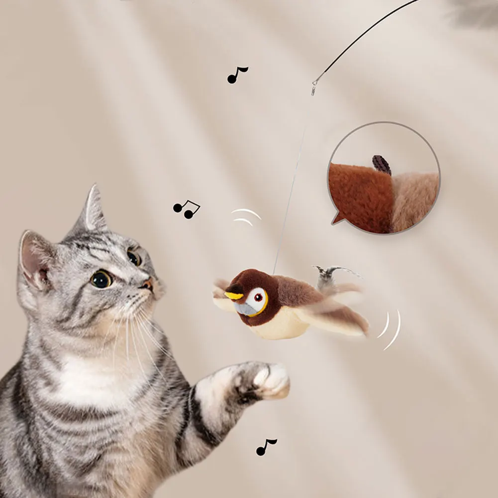 Interactive Electric Cat Toy Fluttering Sparrow Realistic Bird Cat Toy Bird Chirping Cat Toy Plush Cats Pet Play Accessories