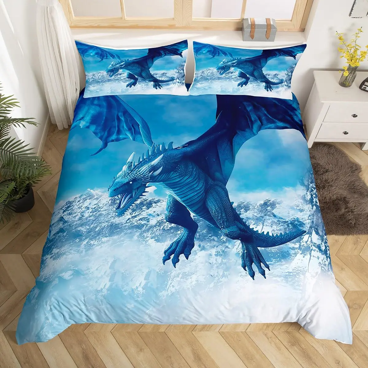 3D Dragon Duvet Cover Snow Mountain Bedding Set,Flying Dragon Comforter Cover for Boys Girls Room Decor,Blue White Quilt Cover