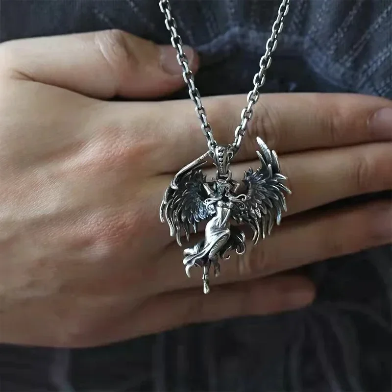 Retro Punk Style Metal Evil Angel Wings Goddess Pendant Necklace Men Women Lucky Amulet Jewelry image 3