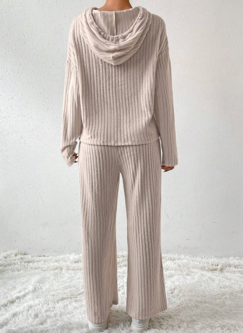 Women's Trendy Hooded 2Pcs Set Solid Color Long-Sleeve And Long Pants For Fall Winter Warm Casual Loungewear Pajamas For Women