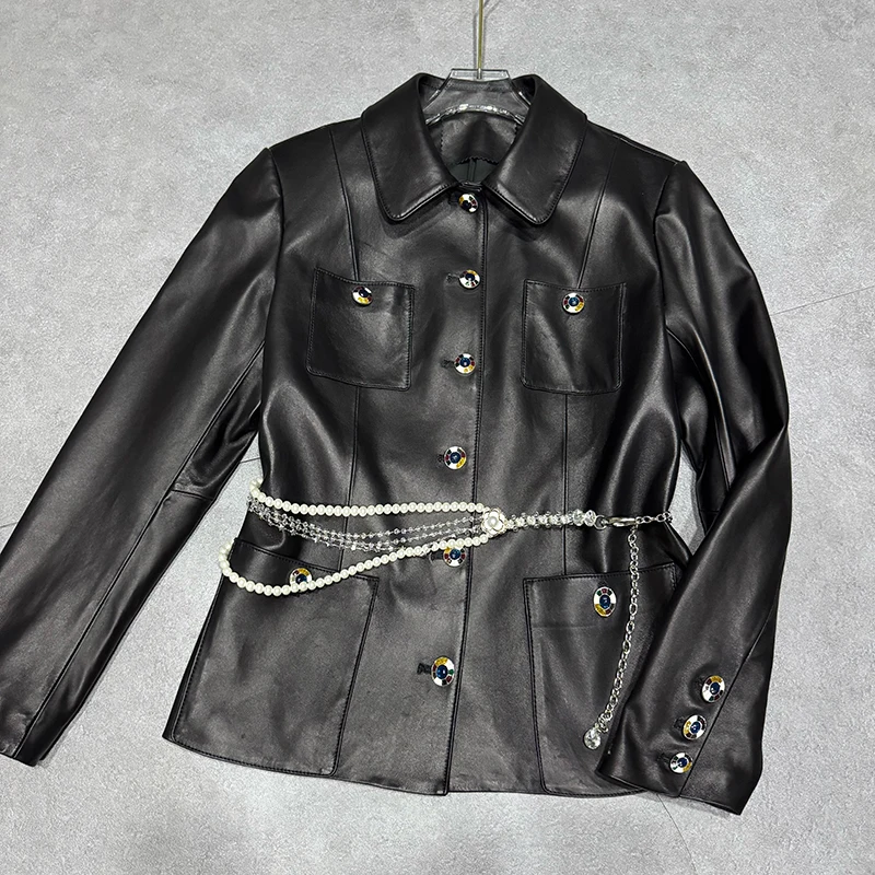 Giacca in vera pelle Donna Moda Bottoni colorati Piccola fragranza Vento Pianta Pelle di pecora curata Cappotto corto versatile nero sottile