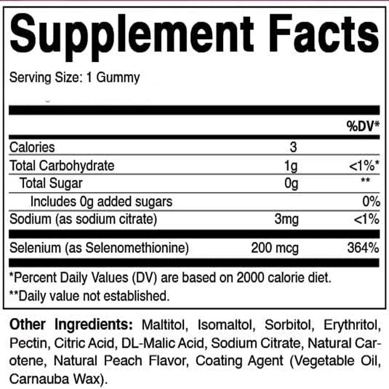 Vitamin free yeast selenium gummies 200mcg selenium methionine supplement essential trace minerals, 60 pectin based gummies