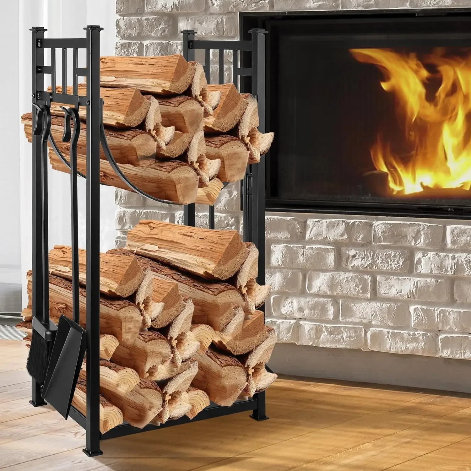 Large firewood stand, fireplace tool set, indoor wooden frame with tool storage, stacked wrought iron