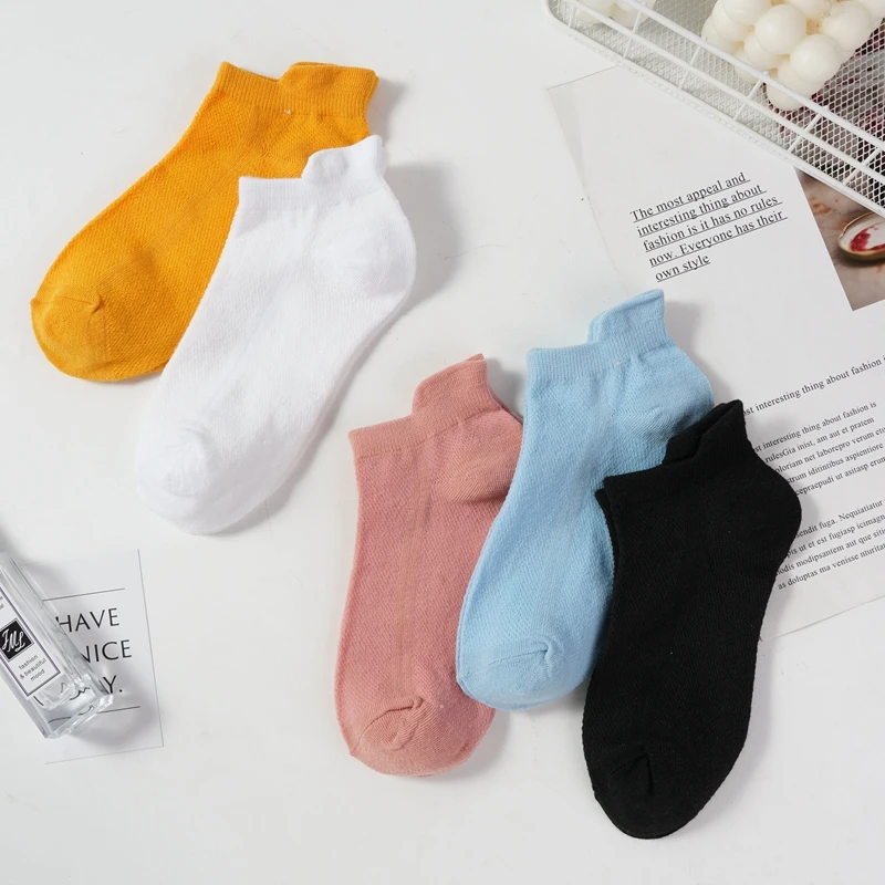 5 Pairs Solid Color Cotton Breathable Mesh Socks Women\'s Korean Simple Heel Protection Sports Anti-abrasion Ankle Socks